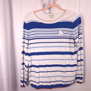 Talbots‎ Blue & White Whales Graphic Stripe Sweater Womens Medium Nautical